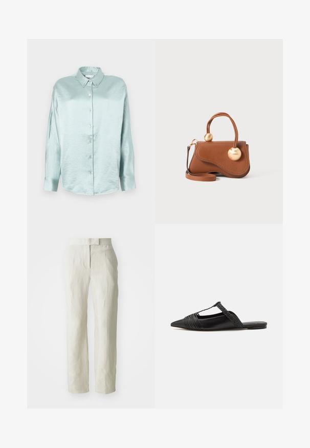 Camisa de botones azul claro hecha de una tela brillante y suave; cuenta con un cuello, mangas largas y un dobladillo redondeado con un corte relajado.; Pantalones de lino blancos con un ajuste a medida, que presentan un frente plano y piernas rectas. Textura suave con un ligero detalle de arrugas.; Zapato de piel negra tipo slingback con punta afilada, que presenta un detalle trenzado y un diseño superior plisado. Suela plana con hardware mínimo.; Bolso de cuero marrón con un diseño ondulado, que cuenta con dos acentos circulares dorados y una correa de hombro desmontable para un transporte versátil.