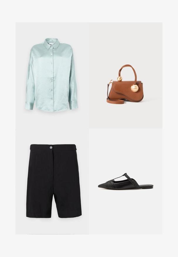 Light blue button-up shirt made of a shiny, soft fabric; features a collar, long sleeves, and rounded hem with a relaxed fit.; Black shorts made of lightweight fabric, tailored design with a button front closure, flat waistband, and straight-cut legs.; Black leather slingback shoe with a pointed toe, featuring a woven accent and pleated upper design. Flat sole with minimal hardware.; Brown leather handbag with a wavy design, featuring two circular gold accents and a detachable shoulder strap for versatile carrying.