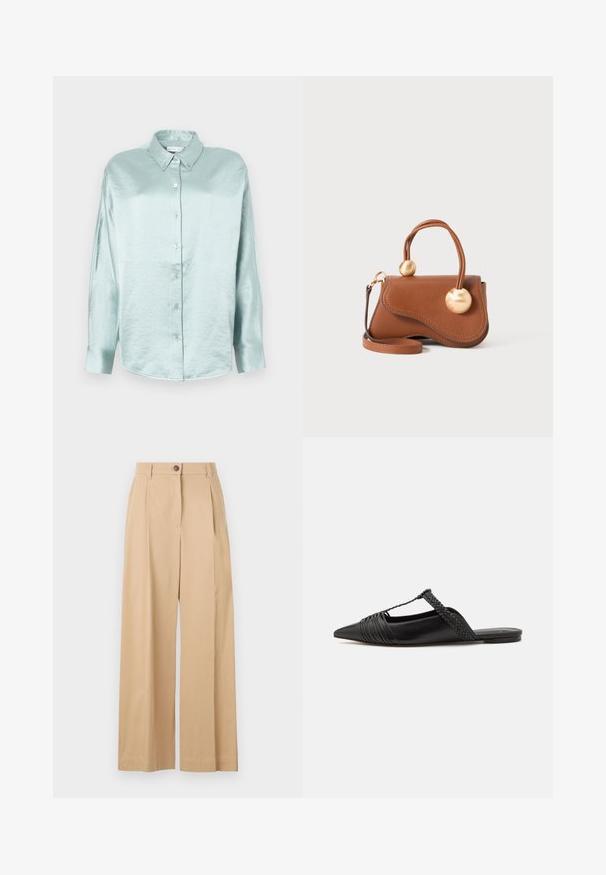 Vaaleansininen napitettava paita, joka on valmistettu kiiltävästä, pehmeästä kankaasta; siinä on kaulus, pitkät hihat ja pyöristetty helma, ja se on rento istuvuus.; Beige leveleikkaukset, jotka on valmistettu sileästä kankaasta, etupainikkeella suljettu, laskostettu ja muotoiltu malli.; Musta nahkasandaali, jossa on terävä kärki, somistettuna kudotulla yksityiskohdalla ja pleatatuilla yläosilla. Litteä pohja, jossa on vähäisiä tarvikkeita.; Ruskean nahkalaukku, jossa on aaltoileva muotoilu, kahdella pyöreällä kullansävyisellä yksityiskohdalla ja irrotettavalla olkahihnalla monipuolista kantamista varten.