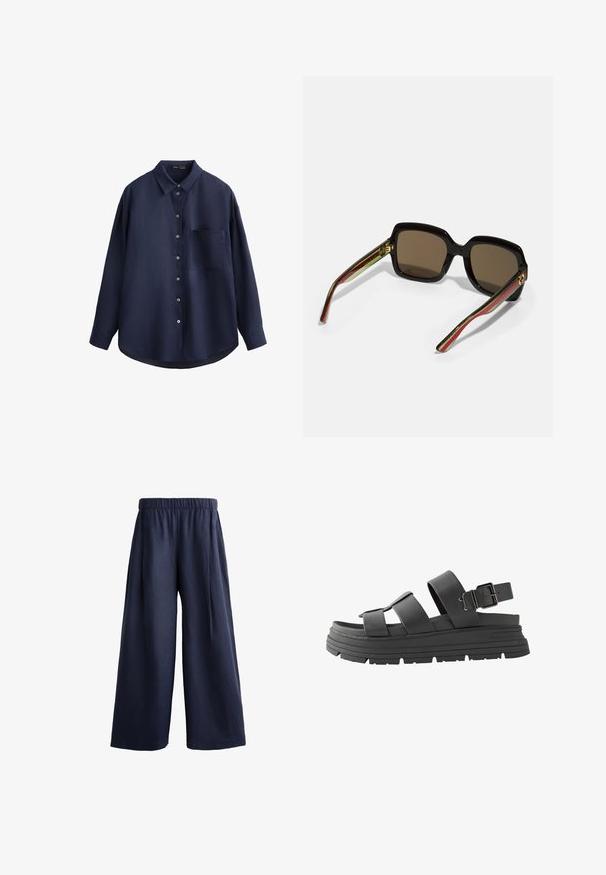 Námořnická modrá košile s dlouhým rukávem vyrobená z texturované látky, s knoflíkovou передní stranou, kapsičkou na hrudi a zakřiveným lemem.; Námořnické široké kalhoty vyrobené z lehkého materiálu s elastickým pasem a dvěma bočními kapsami, s hladkou texturou a přímým siluetu.; Černé platformové sandály s dvojitými nastavitelnými popruhy a přezkou. Vyrobeno z hladké kůže s texturovanou gumovou podrážkou.; Černé oversized sluneční brýle s hnědými skly. Mají unikátní pruhované stranice v zelené a červené barvě a zlaté kovové akcenty. Čtvercový tvar.