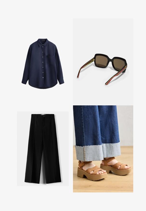 Cămașă cu mânecă lungă de culoare albastru închis, confecționată dintr-un material texturat, având un guler cu nasturi, un buzunar pe piept și o margine curbată.; Pantaloni negri cu picior larg, fabricați dintr-un material ușor, cu închidere frontală cu nasture și față plată, având tivuri cusute cu atenție.; Sandale platform din suede maro, cu două curele, având o talpă texturată și un toc gros, conturat. Purtați cu pantaloni din denim.; Ochelari de soare supradimensionați negri cu lentile maro. Dispun de brațe unice cu dungi în verde și roșu, precum și accente din metal aurie. Formă pătrată.