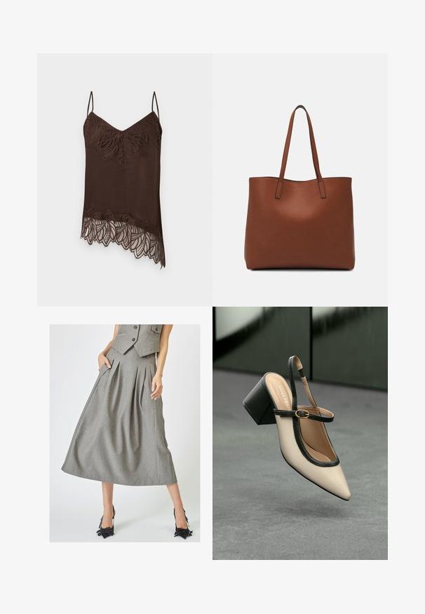 Rudos spalvos palaidinė su plonomis petnešėlėmis, puošta nėrinių apvadu ties iškirpte ir apatine kraštine. Nėriniai turi gėlių raštą, suteikiantį papildomų detalių.; Pilka klostuota sijonas, pagamintas iš tekstūruotos medžiagos, turi šonines kišenes ir A formos siluetą, derinamas su juodais aukštakulniais bateliais.; Šviesiai rudos suknelės bateliai su juodu apvadu, auksine sagtimi ir masyviu blokiniu kulnu, stovintys ant pilkos grindų su tamsiai žalia fonu.; Ruda odinė priekabų krepšys su glotnia tekstūra, atviru viršumi ir dviem petnešomis. Su minimalia siuvimo detalėmis ir nematoma aparatūra.