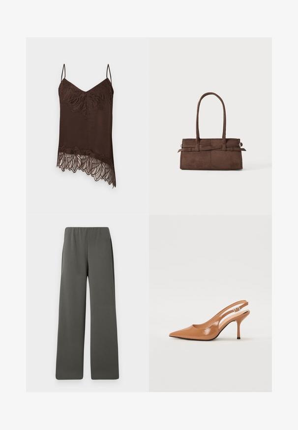 Ruskea toppi ohuilla olkaimilla, jossa on pitsireunus pääntiellä ja helmassa. Pitsi on kukkakuvioinen lisäyksellä yksityiskohtiin.; Tummanharmaat korkea vyötärö, leveälahkeiset housut, joissa on joustava vyötärö, asetettuna tasaisesti valkoista taustaa vasten.; Korkokenkä, jossa on terävä kärki ja avonainen kanna, valmistettu sileästä, kiiltävästä ruskeasta materiaalista. Sisältää kaarevan leikkuun muotoilun ja hoikan stilettokannan. Hopeinen solkiyksityiskohta.; Ruskean mokkanahkainen käsilaukku, jossa on kaksi tukevaa kahvaa, suorakulmainen muoto ja koristeellinen hihnayohtelu edessä.