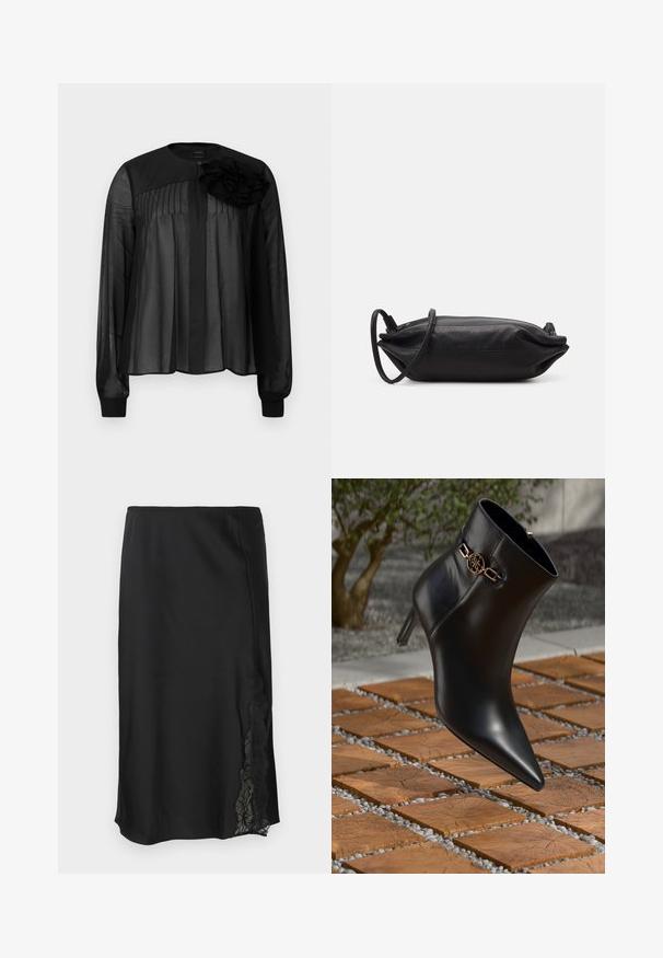 Blusa preta com mangas longas transparentes, apresentando pregas frontais e um detalhe de flor em tecido em camadas no ombro esquerdo. Fecho por botão no pescoço.; Saia de cetim preta com uma textura suave, apresentando um detalhe de renda de um lado e uma bainha reta. Cintura elástica para um ajuste flexível.; Bota de tornozelo em couro preto com bico fino e salto pequeno. Apresenta um detalhe em corrente dourada no tornozelo. Cercada por uma superfície de pedra texturizada.; Carteira de mão em couro preto com formato retangular, textura suave, alça de ombro fina e design minimalista.