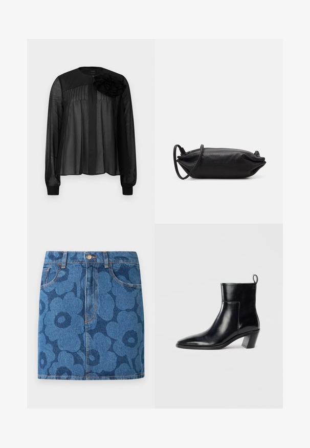 Černá blůza s dlouhými průsvitnými rukávy, která má vpředu sklady a vrstvenou květinovou aplikaci na levém rameni. Zapínání na knoflík u krku.; Džínová mini sukně s tmavě modrým květinovým vzorem, přední kapsy, poutka na pásek a knoflíkové zapínání v pase.; Černá kožená kotníková bota s špičatou špičkou, geometrickou tvarovanou podpatkem a poutkem na zadní straně. Hladká textura a elegantní design.; Černá kožená psaníčko rectangularního tvaru, hladké textury, tenkého ramenního popruhu a minimalistického designu.