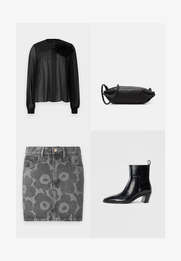 Mustmust mustriga varrukatega must blouse, millel on ees voldid ja kihiline kangast lilleaktsent vasakul õlal. Nööbiga kinnitamine kaela juures.; Hallidein seelik hallis, musta lillemustriga. Omab kahte esipocketit, nupu sulgemist ja sirget lõiget.; Must musta saapad terava nina, geomeetrilise kuuega ja tagaküljel tõmberaudaga. Sile tekstuur ja läikiv disain.; Musthave musta nahkklamber, millel on ristkülikukujuline kuju, sile tekstuur, õhuke õlavarre rihm ja minimalistlik disain.