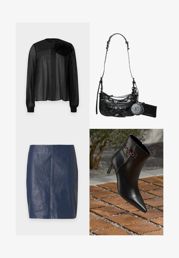 Melna blūze ar garām caurspīdīgām piedurknēm, ar priekšējiem krokām un slāņotu auduma zieda akcentu uz kreisā pleca. Pogas aizdare kakla rajonā.; Tumši zilas krāsas ādas mini svārki ar gludu tekstūru, taisni griezti un ar minimālām šuvju detaļām sānos.; Melnas ādas potītes zābaki ar norādītu pirkstu un mazu papēdi. Ar zelta ķēdes akcentu uz potītes. Iespaidīgi izvietoti uz teksturētas akmens virsmas.; Melnas sintētiskās ādas rokassoma ar izliekta dizaina, ar rāvējslēdzēju priekšējo kabatu un dekoratīvu aparatūru, kā arī noņemamu apaļu monētu maciņu.