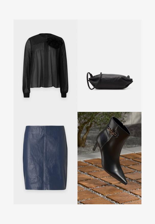 Musta pusero, jossa on pitkät läpinäkyvät hihat, etupuolella pleateja ja kerroksellinen kankainen kukka-akseltti vasemmalla olkapäällä. Napitus kaulassa.; Laivastonsininen nahkainen minihame, jossa on sileä pinta, suora leikkaus ja minimaaliset ompelusaumat sivuilla.; Mustat nahkaiset nilkkasaappaat, joissa on teräväkärkinen muoto ja pieni korko. Nilkassa on kullanvärinen ketjuyksityiskohta. Saappaat ovat tekstuurilla varustetun kivipinnan ympäröimiä.; Musta nahkainen kukkaro, jossa on suorakaiteen muoto, sileä pinta, ohut olkahihna ja minimalistinen muotoilu.