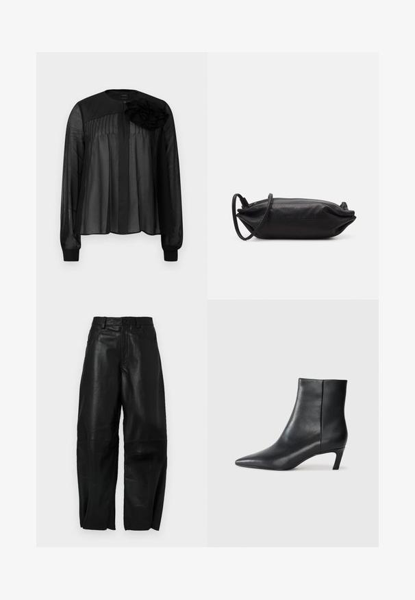 Blusa nera con maniche lunghe in tessuto trasparente, caratterizzata da pieghe frontali e un fiore in tessuto a strati come dettaglio sulla spalla sinistra. Chiusura con bottone al collo.; Pantaloni in pelle nera con vestibilità ampia, caratterizzati da un design a gamba dritta, tasche frontali e dettagli di cucitura visibili.; Stivaletto in pelle nera con punta affilata e tacco kitten basso su uno sfondo chiaro semplice.; Borsa a tracolla nera in pelle, di forma rettangolare, con una texture liscia, una sottile tracolla e un design minimalista.