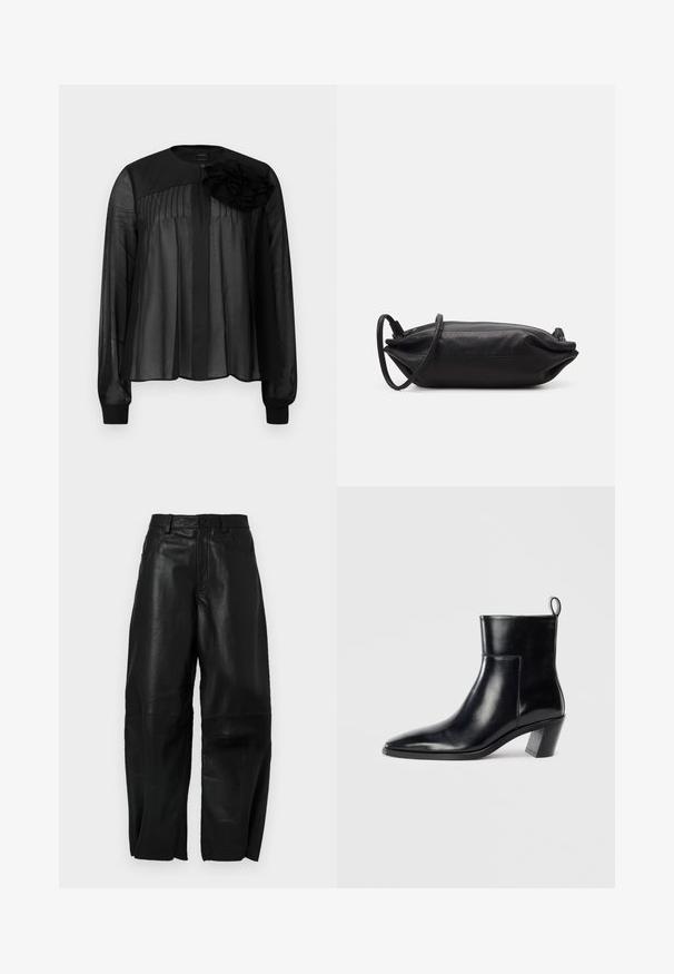 Black blouse with long sheer sleeves, featuring front pleats and a layered fabric flower accent on the left shoulder. Button closure at neck.; Black leather pants with a loose fit, featuring a straight leg design, front pockets, and visible stitching details.; Black leather ankle boot with a pointed toe, a geometric stacked heel, and a pull tab at the back. Smooth texture and sleek design.; Black leather clutch bag with a rectangular shape, smooth texture, thin shoulder strap, and minimalistic design.