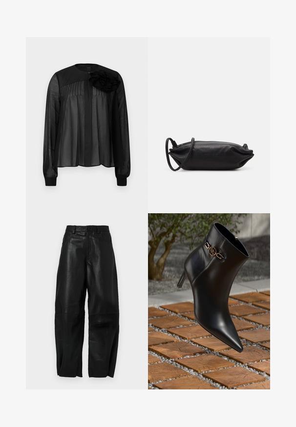 Blouse noire à manches longues en voile transparent, ornée de plis à l'avant et d'une fleur en tissu superposée sur l'épaule gauche. Fermeture à boutons au niveau du cou.; Pantalons en cuir noir à coupe ample, avec un design à jambe droite, des poches avant et des détails de couture visibles.; Bottine en cuir noir avec un bout pointu et un petit talon. Présente un accent de chaîne dorée au niveau de la cheville. Entourée d'une surface en pierre texturée.; Pochette en cuir noir de forme rectangulaire, texture lisse, fine bandoulière et design minimaliste.
