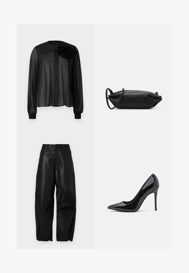 Melna blūze ar garām caurspīdīgām piedurknēm, ar priekšējiem krokām un slāņotu auduma zieda akcentu uz kreisā pleca. Pogas aizdare kakla rajonā.; Melnas ādas bikses ar brīvu piegriezumu, ar taisna kāju dizainu, priekšējiem kabatas un redzamām šuvju detaļām.; Melna laku āda augstpapēžu kurpe ar norādītu purngalu un gludu tekstūru, ar slaidu stiletto papēdi. Nav redzamu rotājumu.; Melnas ādas plecu soma ar taisnstūra formu, gludu tekstūru, plānu plecu siksnu un minimālistisku dizainu.