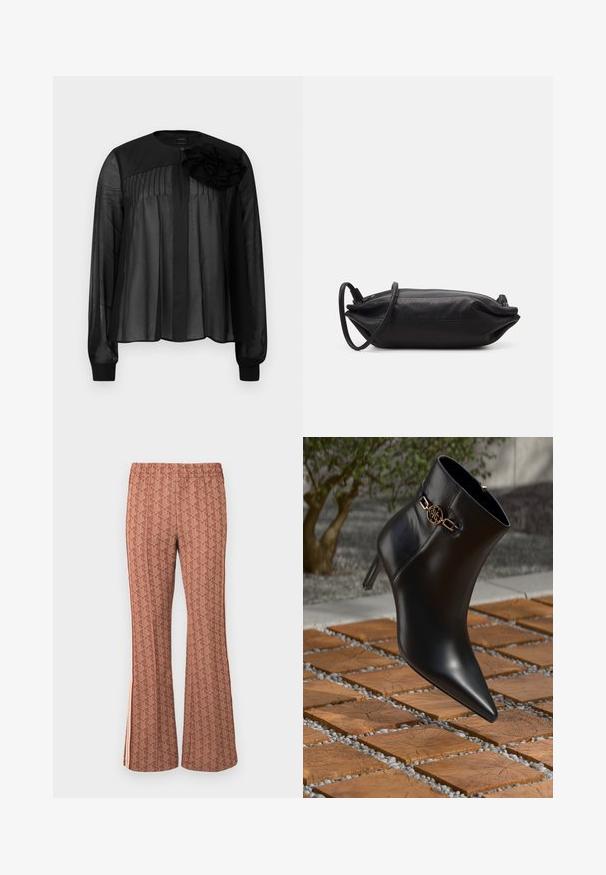 Melna blūze ar garām caurspīdīgām piedurknēm, ar priekšējiem krokām un slāņotu auduma zieda akcentu uz kreisā pleca. Pogas aizdare kakla rajonā.; Brūni rakstaini bikses ar elastīgu jostasvīru, kurām ir ģeometrisks raksts, plati gali un sānu svītras gaišākā tonī.; Melnas ādas potītes zābaki ar norādītu pirkstu un mazu papēdi. Ar zelta ķēdes akcentu uz potītes. Iespaidīgi izvietoti uz teksturētas akmens virsmas.; Melnas ādas plecu soma ar taisnstūra formu, gludu tekstūru, plānu plecu siksnu un minimālistisku dizainu.