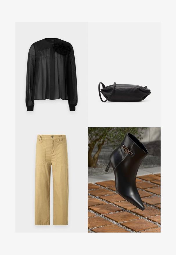 Blusa negra con mangas largas de gasa, con pliegues en la parte frontal y un adorno de flor de tela en capas en el hombro izquierdo. Cierre de botón en el cuello.; Pantalones cargo de algodón beige con una cintura alta, dos bolsillos frontales y un corte relajado. Presentan un cierre con gancho y cremallera en la parte delantera.; Botín de cuero negro a la altura del tobillo con puntera afilada y tacón pequeño. Presenta un acento de cadena dorada en el tobillo. Rodeado por una superficie de piedra texturizada.; Bolso de mano de cuero negro con forma rectangular, textura suave, correa delgada para el hombro y diseño minimalista.