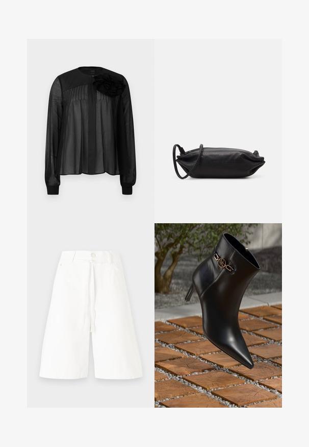 Mustmust mustriga varrukatega must blouse, millel on ees voldid ja kihiline kangast lilleaktsent vasakul õlal. Nööbiga kinnitamine kaela juures.; Valged denimi culotte püksid, millel on keskmise kõrgusega talje, ette seotud detail ja laiad sääred. Lihtne disain ilma nähtavate mustrite või kaunistusteta.; Mustadast nahast pahkluu saapad terava nina ja väikese kontsaga. Rikkalikult kaunistatud kuldne kett pahkluu ümber. Ümbritsetud tekstuurse kivi pinnaga.; Musthave musta nahkklamber, millel on ristkülikukujuline kuju, sile tekstuur, õhuke õlavarre rihm ja minimalistlik disain.