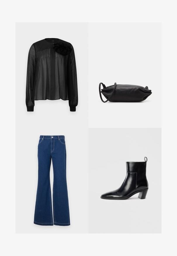 Mustmust mustriga varrukatega must blouse, millel on ees voldid ja kihiline kangast lilleaktsent vasakul õlal. Nööbiga kinnitamine kaela juures.; Tumed sinised flared teksapüksid, mis on valmistatud denimist. Omadusteks on vöökohad, eesmistel taskutel ja kontrastne õmblus. Lai jalaava.; Must musta saapad terava nina, geomeetrilise kuuega ja tagaküljel tõmberaudaga. Sile tekstuur ja läikiv disain.; Musthave musta nahkklamber, millel on ristkülikukujuline kuju, sile tekstuur, õhuke õlavarre rihm ja minimalistlik disain.