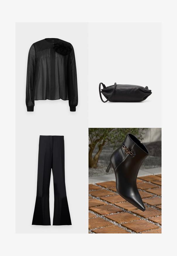 Svart blus med långa genomskinliga ärmar, med framplisséer och en lager-på-lager tygblomma som accent på vänster axel. Knappar vid halsen.; Svarta utsvängda byxor med en slät yta, med hög midja och skarpa veck som sträcker sig till de utsvängda benöppningarna.; Svart läderankelstövel med spetsig tå och liten klack. Har en guldkedjeaccent vid ankeln. Omgiven av en texturerad stenytan.; Svart läderkuvertväska med rektangulär form, slät yta, tunn axelrem och minimalistisk design.