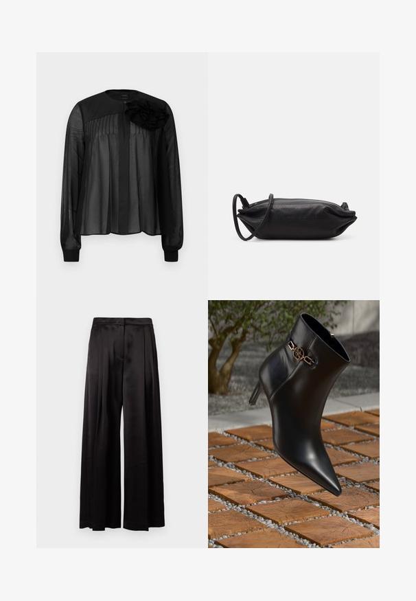 Black blouse with long sheer sleeves, featuring front pleats and a layered fabric flower accent on the left shoulder. Button closure at neck.; Black wide-leg trousers made of smooth satin fabric. Features a pleated front and a high waist with a sleek finish. No visible pockets.; Black leather ankle boot with pointed toe and small heel. Features a gold chain accent on the ankle. Surrounded by a textured stone surface.; Black leather clutch bag with a rectangular shape, smooth texture, thin shoulder strap, and minimalistic design.