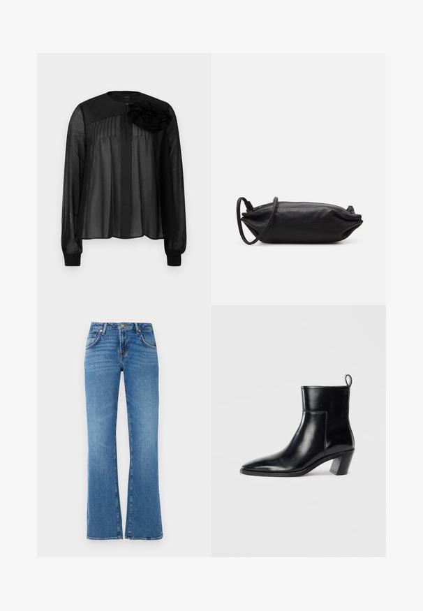 Zwarte blouse met lange doorschijnende mouwen, voorzien van voorplooien en een gelaagde stoffen bloemaccent op de linkerschouder. Knopenluiting bij de hals.; Lichtblauwe denim jeans met een flared leg ontwerp, voorzien van vijf zakken, een knoop- en ritssluiting, en subtiele whiskering patronen.; Zwarte leren enkelboot met een spitse neus, een geometrische gestapelde hak en een trekband aan de achterkant. Gladde textuur en slank ontwerp.; Zwarte leren clutch met een rechthoekige vorm, gladde textuur, dunne schouderband en minimalistisch ontwerp.