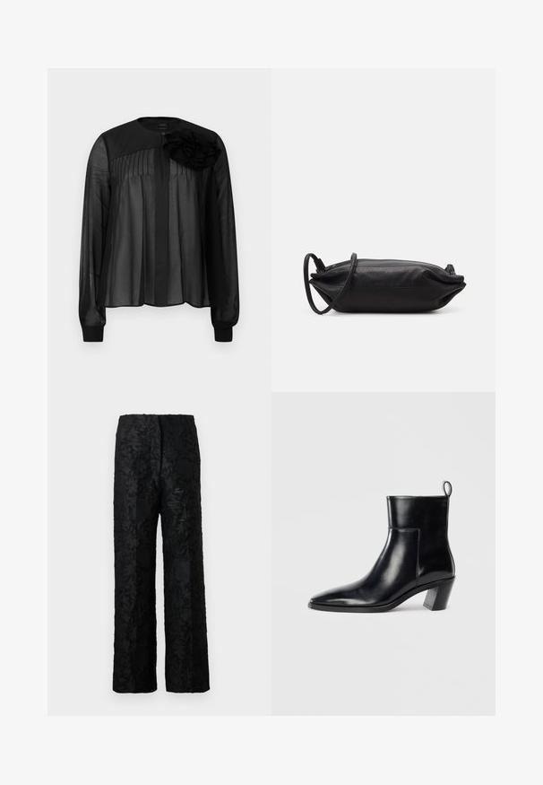 Schwarze Bluse mit langen transparenten Ärmeln, die vordere Falten und ein mehrlagiges Stoffblütenakzent an der linken Schulter aufweist. Knopfverschluss am Hals.; Schwarze Hose mit strukturiertem Blumenmuster, aus weichem Material, mit weiter, lockerer Beinform und hoher Taille.; Schwarze Leder-Ankleboots mit spitzem Zeh, geometrischem Blockabsatz und einem Zugband hinten. Glatte Textur und elegantes Design.; Schwarze Leder-Clutch mit rechteckiger Form, glatter Textur, dünnem Schulterriemen und minimalistischer Gestaltung.