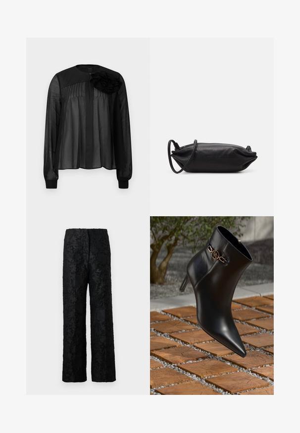 Black blouse with long sheer sleeves, featuring front pleats and a layered fabric flower accent on the left shoulder. Button closure at neck.; Black trousers with a textured floral pattern, made of a soft material, featuring a loose, wide-leg design and a high waist.; Black leather ankle boot with pointed toe and small heel. Features a gold chain accent on the ankle. Surrounded by a textured stone surface.; Black leather clutch bag with a rectangular shape, smooth texture, thin shoulder strap, and minimalistic design.