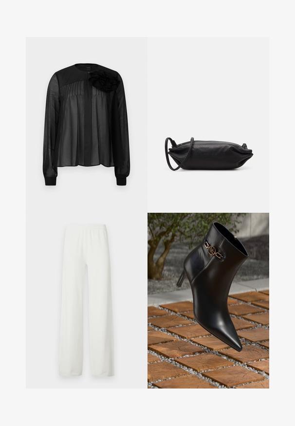 Blouse noire à manches longues en voile transparent, ornée de plis à l'avant et d'une fleur en tissu superposée sur l'épaule gauche. Fermeture à boutons au niveau du cou.; Pantalon blanc à jambes larges en tissu doux et léger. Il possède une taille élastique et des jambes coupées droit. Sans motifs ni accents visibles.; Bottine en cuir noir avec un bout pointu et un petit talon. Présente un accent de chaîne dorée au niveau de la cheville. Entourée d'une surface en pierre texturée.; Pochette en cuir noir de forme rectangulaire, texture lisse, fine bandoulière et design minimaliste.