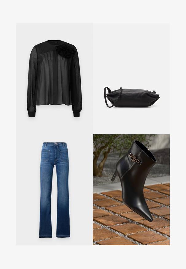 Musta pusero, jossa on pitkät läpinäkyvät hihat, etupuolella pleateja ja kerroksellinen kankainen kukka-akseltti vasemmalla olkapäällä. Napitus kaulassa.; Siniset farkut, joissa on leveä lahje, viisi taskua, nappikiinnitys ja näkyvät ompeleet saumoissa. Farkuissa on myös hieman haalistunut pinta.; Mustat nahkaiset nilkkasaappaat, joissa on teräväkärkinen muoto ja pieni korko. Nilkassa on kullanvärinen ketjuyksityiskohta. Saappaat ovat tekstuurilla varustetun kivipinnan ympäröimiä.; Musta nahkainen kukkaro, jossa on suorakaiteen muoto, sileä pinta, ohut olkahihna ja minimalistinen muotoilu.