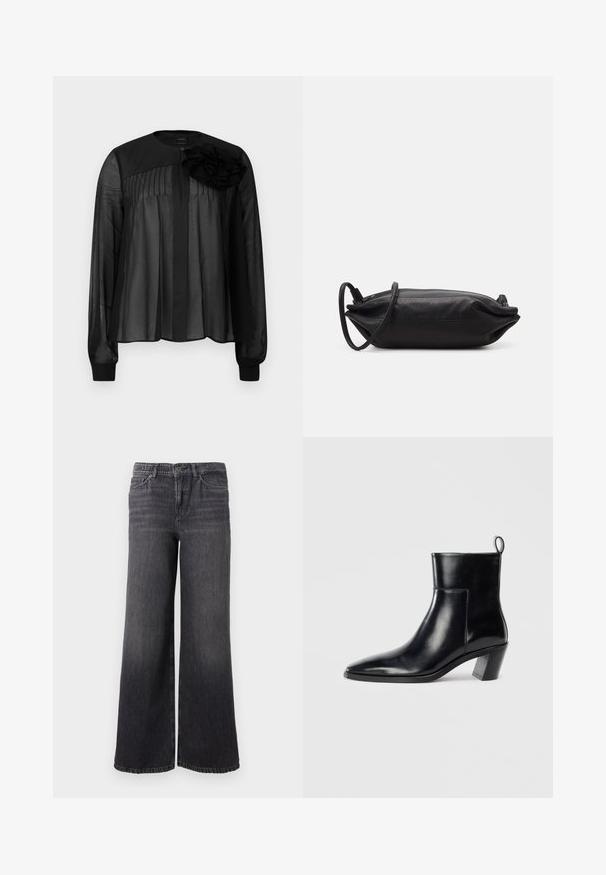 Svart blus med långa genomskinliga ärmar, med framplisséer och en lager-på-lager tygblomma som accent på vänster axel. Knappar vid halsen.; Breda grå denimjeans med en subtil blekning, med knappstängning, fem fickor och rak fåll vid ankeln.; Svart läderankelboot med spetsig tå, geometrisk staplad klack och dragflik på baksidan. Slät textur och eleganta linjer.; Svart läderkuvertväska med rektangulär form, slät yta, tunn axelrem och minimalistisk design.