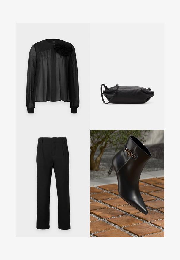 Črna bluzica z dolgimi prosojnimi rokavi, ki ima sprednje gube in plasten cvetni poudarek na levi rami. Zapenjanje na vratu z gumba.; Črne hlače s ravnimi nogavicami, s passom, stranskimi žepe in sprednjimi pregibi, prikazane na enobarvni beli podlagi.; Črne usnjene gležnjarje s koničastim nosom in majhno peto. Opremljene so z zlatim verižnim okrasom okoli gležnja. Obkrožene so z teksturirano kamnito površino.; Črna usnjena torbica v obliki pravokotnika, gladke teksture, s tankim naramnicom in minimalističnim dizajnom.