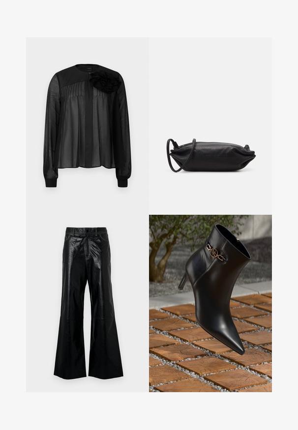 Sort bluse med lange gennemsigtige ærmer, med frontfolder og en lagdelt stofblomst på venstre skulder. Knaplukning ved halsen.; Sorte faux læder bukser med brede ben, elastisk talje med snøre, sidelommer og kontrastsyede detaljer. Blød tekstur og løstsiddende pasform.; Sort læder ankelstøvle med spids tå og lille hæl. Har en gylden kædeaccent om anklen. Omgivet af en tekstureret stensurface.; Sort læder clutch taske med rektangulær form, glat tekstur, tynd skulderrem og minimalistisk design.