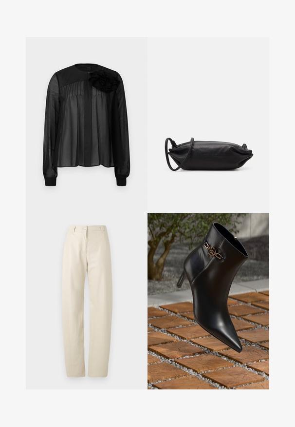 Črna bluzica z dolgimi prosojnimi rokavi, ki ima sprednje gube in plasten cvetni poudarek na levi rami. Zapenjanje na vratu z gumba.; Bež hlače ravnega kroja z gumbom in zadrgo, odprtinami za pas ter stranskimi žepi na enobarvni beli podlagi.; Črne usnjene gležnjarje s koničastim nosom in majhno peto. Opremljene so z zlatim verižnim okrasom okoli gležnja. Obkrožene so z teksturirano kamnito površino.; Črna usnjena torbica v obliki pravokotnika, gladke teksture, s tankim naramnicom in minimalističnim dizajnom.
