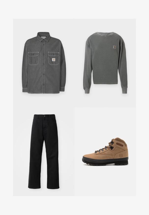 Dark gray shirt jacket made of denim, featuring two chest pockets, button closure, and contrasting white stitching. Carhartt logo on pocket.; Gray long-sleeve crewneck sweatshirt with ribbed texture, featuring a small square logo patch on the left chest and ribbed cuffs.; Black denim pants with a straight cut, featuring front pockets, a zip fly, and a single top button. Textured fabric with a matte finish.; Brown suede hiking boot with black rubber sole, lace-up design, and padded collar. Timberland logo on the side.