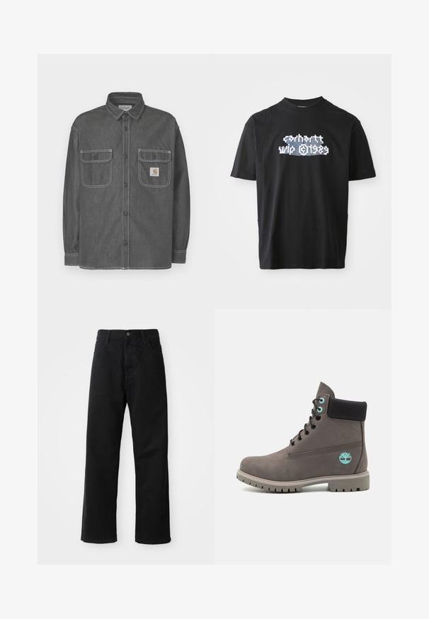 Tamnosiva jakna košulja od trapera, s dva džepa na prsima, kopčanjem na gumbe i kontrastnim bijelim šavovima. Carhartt logo na džepu.; Crna majica s kratkim rukavima s bijelim i plavim stiliziranim natpisom "Carhartt WIP 1989" centriranim na prsima.; Crne traperice ravnog kroja, s prednjim džepovima, patentnim zatvaračem i jednim gornjim dugmetom. Teksturirana tkanina s mat završetkom.; Timberland Gležnjače s vezicama - medium grey