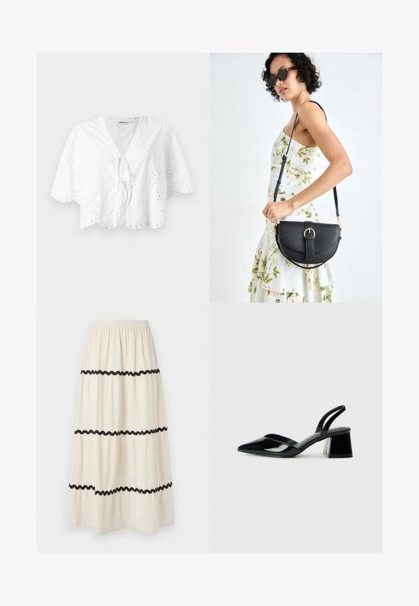 Biała bluzka z dekoltem w kształcie litery V, krótkimi rękawami i falbaniastym wykończeniem. Szczegół haftu w kształcie oczek na brzegach oraz zapięcie na sznurek z przodu.; Tkaninowa spódnica do kostek w kremowym kolorze z czarnym falistym wykończeniem. Posiada elastyczny pas dla wygody oraz lekki, zwiewny krój.; Czarne lakierowane półbuty na obcasie z wydłużonym noskiem i geometrycznym słupkiem. Charakteryzują się eleganckim, minimalistycznym designem oraz gładką fakturą.; Czarna skórzana torebka o zakrzywionym kształcie, z odpinanym paskiem i złotymi akcentami. Torebka posiada klapę z zapięciem w kształcie klamry.