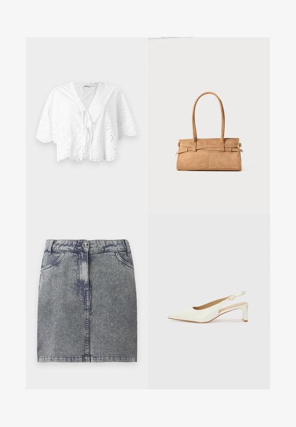 Balta bluzelė su V formos dekolte, trumpomis rankovėmis ir banguota apačia. Aplink kraštus yra akių siuvinėjimo detalės, o priekyje yra užrišamas užsegimas.; Pilko džinsinė mini sijonas su išblukusia apdaila, turintis priekines kišenes, sagos užsegimą ir tiesų apatinį kraštą. Textūruotas audinys.; Baltas lakinės oda slingback batelis su smailiu nosiu ir žemu blokiniu kulnu. Yra subtilus dirželis su auksiniu užsegimu.; Žalias suedinių rankinukas su dviem ilgais rankenomis, stačiakampio formos ir dekoratyviniu siuvimu. Jame yra šoninė dirželis ir subtili auksinė hardware akcentai.