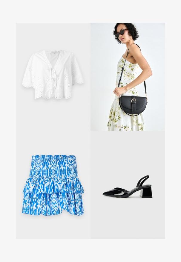 Blouse blanche avec un décolleté en V, des manches courtes et un ourlet festonné. Détail de broderie œillet autour des bords, avec une fermeture à nouer à l'avant.; Jupe à motifs bleus et blancs avec une taille smockée, un ourlet à volants superposés et un tissu léger. Présente un design de style ikat.; Escarpins en cuir verni noir avec bout pointu et talon bloc géométrique. Présente un design élégant et minimaliste ainsi qu'une texture lisse.; Sac à main en cuir noir avec une forme courbée, bandoulière amovible et des accessoires en or. Le sac est doté d'un rabat avec un détail de boucle.