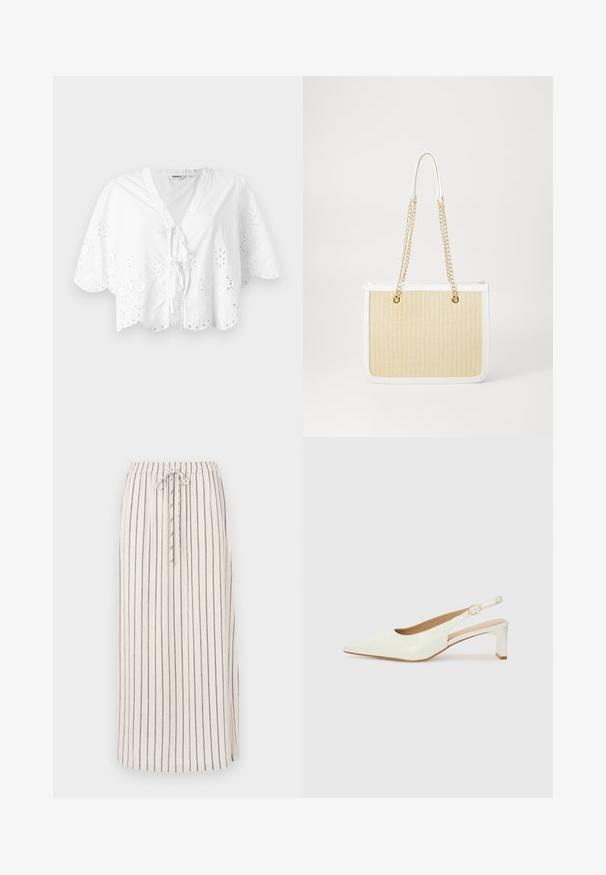 Hvit bluse med V-hals, korte ermer og bølget kant. Blonder broderi langs kantene, med knyte-lukking foran.; Lys beige linenskjørt med vertikale mørke striper, elastisk midje og snøring. Har en sideslitt ved nederkanten for bedre bevegelsesfrihet.; Hvit patentlær slingback-sko med spiss tå og lav blokkheel. Har en diskret stropp med detalj i gulltone.; Beige flettet stråveske med hvit skinnkant, doble gullkjedehåndtak og rektangulær form. Overflaten har et teksturert mønster.