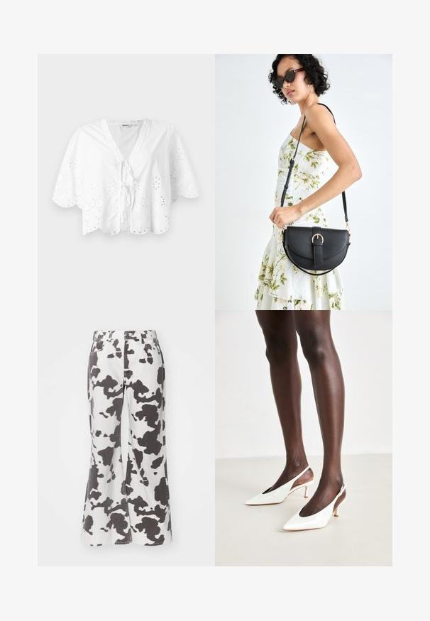 Fehér blúz V-nyakkal, rövid ujjakkal és fodros aljjal. A széleken lyukasztott hímzés részlet, elöl megkötős zárással.; Fehér, fekete tehénmintás, trapéz fazonú farmernadrág. Öt zsebbel, övhurkokkal és elülső gombos záródással rendelkezik. A textúrája tartósnak tűnik.; Fehér lakkbőr, hátul nyitott, hegyes orrú magassarkú cipők, vékony sarokkal és nyitott oldalakkal; sima textúra és minimalista dizájn.; Fekete bőrtáska ívelt formával, levehető pánttal és arany színű fémrészekkel. A táskán egy csattal díszített fedél található.