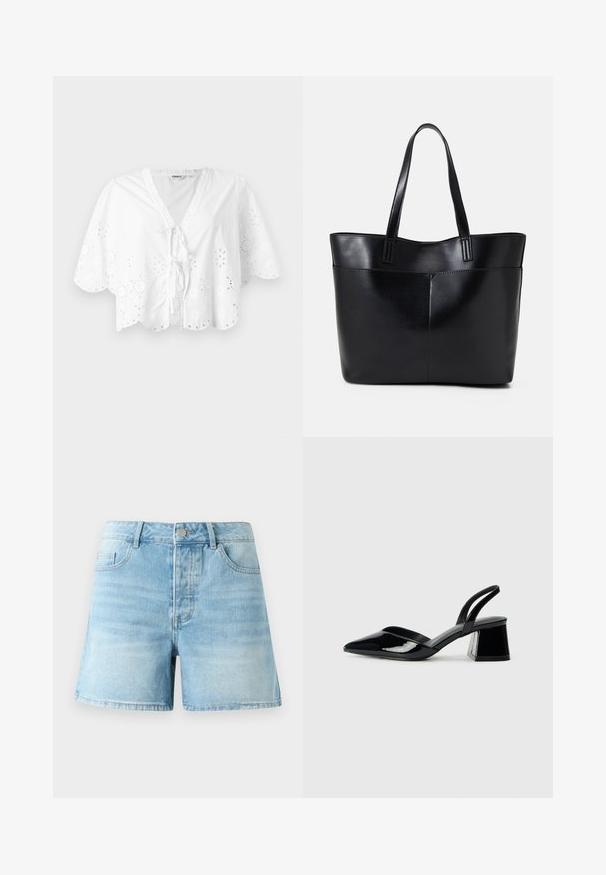 Valkoinen paita, jossa on V-pääntie, lyhyet hihat ja aallotettu helma. Silkkipistookirjonta reunojen ympärillä, sekä sidontanauha edessä.; Vaaleansiniset farkkushortsit klassisella leikkauksella, joissa on etutaskut, metallinen napitus ja hienovarainen haalistuminen kankaassa.; Mustat patentoitu nahkakengät, joissa on säären takaosa ja terävä kärki, sekä geometrinen palikkakorko. Sisältää tyylikkään, minimalistisen muotoilun ja sileän pinnan.; Musta nahkainen kassi, jossa on kaksi pitkää kahvaa, sileä pinta ja jämäkkä muoto. Sisältää etutaskun lisävarastointia varten.