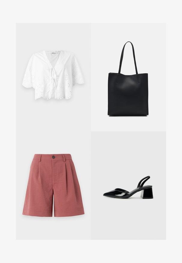 White blouse featuring a V-neck, short sleeves, and scalloped hem. Eyelet embroidery detail around the edges, with a tie closure at the front.; Red textured shorts with a button closure, pleats at the front, and a straight cut, designed for casual wear.; Black patent leather slingback heels with a pointed toe and a geometric block heel. Features a sleek, minimal design and smooth texture.; Black leather tote bag with smooth texture, rectangular shape, and two long handles. No visible hardware or embellishments.