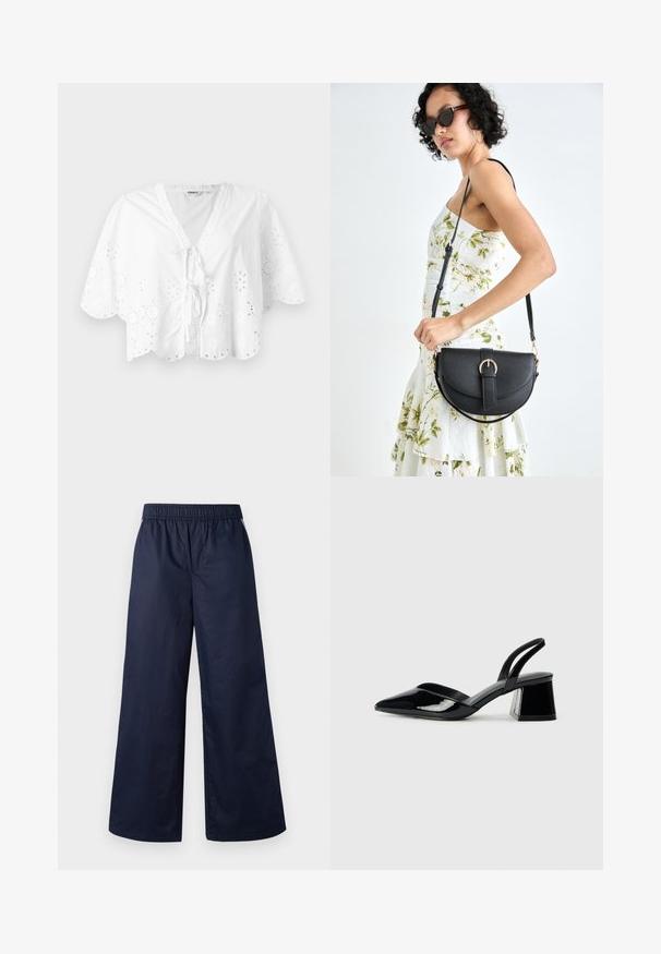 Blusa blanca con escote en V, mangas cortas y dobladillo con forma de ola. Detalle de bordado de ojal alrededor de los bordes, con un cierre de lazo en la parte delantera.; Pantalones de pierna ancha en azul marino oscuro, con cinturilla elástica, textura suave y sin cierres o bolsillos visibles.; Zapatos de tacón slingback de charol negro con punta afilada y tacón geométrico en bloque. Presentan un diseño elegante y minimalista, así como una textura suave.; Bolso de piel negra con forma curva, correa desmontable y herrajes dorados. El bolso cuenta con una solapa con un detalle de hebilla.