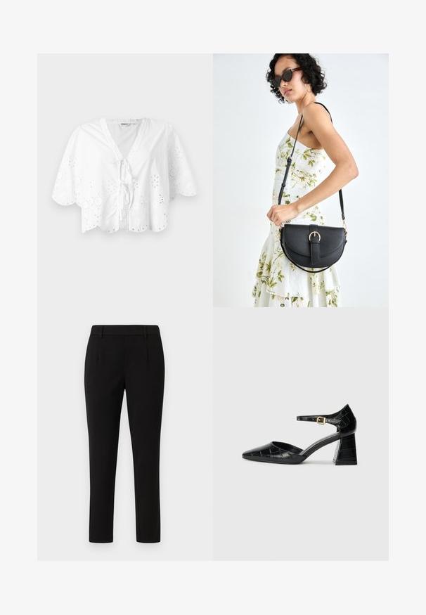 Fehér blúz V-nyakkal, rövid ujjakkal és fodros aljjal. A széleken lyukasztott hímzés részlet, elöl megkötős zárással.; Fekete, testre szabott nadrág, egyenes lábbal, sima anyagból készült. Jellemzői a lapos elülső rész, övhurkok és zsebek nélküli kivitel.; Fekete lakkbőr magassarkú cipő hegyes orral, bokapánttal és texturált krokodilmintával. Négyzet alakú blokk sarok kialakítás.; Fekete bőrtáska ívelt formával, levehető pánttal és arany színű fémrészekkel. A táskán egy csattal díszített fedél található.