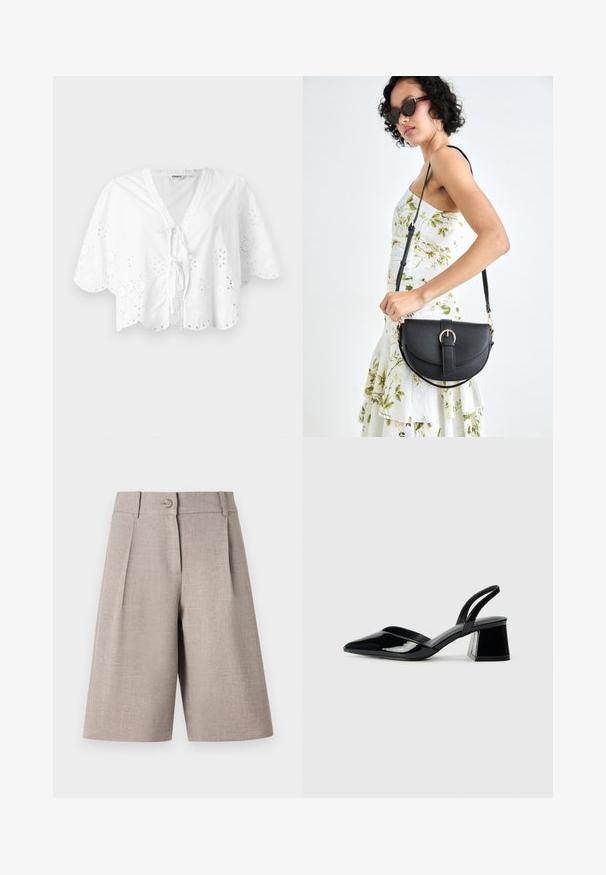 Blouse blanche avec un décolleté en V, des manches courtes et un ourlet festonné. Détail de broderie œillet autour des bords, avec une fermeture à nouer à l'avant.; Shorts beige ajustés avec des plis, dotés d'une fermeture à bouton et d'une texture lisse, conçus pour une silhouette moderne et structurée.; Escarpins en cuir verni noir avec bout pointu et talon bloc géométrique. Présente un design élégant et minimaliste ainsi qu'une texture lisse.; Sac à main en cuir noir avec une forme courbée, bandoulière amovible et des accessoires en or. Le sac est doté d'un rabat avec un détail de boucle.
