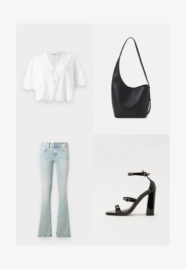 Blouse blanche avec un décolleté en V, des manches courtes et un ourlet festonné. Détail de broderie œillet autour des bords, avec une fermeture à nouer à l'avant.; Jean flare bleu clair en denim, avec une taille haute, un design à cinq poches et un léger dégradé sur le devant et l'arrière.; Sandales à talons vernies noires avec un bout carré, des sangles autour de la cheville et des boucles en argent. Dotées d'un talon bloc épais pour plus de stabilité.; Sac hobo en cuir noir avec une texture lisse, une forme incurvée et une seule sangle réglable ; dispose d'une large ouverture en haut.