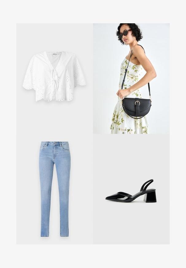 Fehér blúz V-nyakkal, rövid ujjakkal és fodros aljjal. A széleken lyukasztott hímzés részlet, elöl megkötős zárással.; Világoskék, slim fit farmernadrág, öt zsebbel, diszkrét varrási részletekkel és szabványos derékkal, egy gombos záródással.; Fekete lakk bőr szandálkés magas sarkú cipő, hegyes orral és geometrikus tömbsarkakkal. Karcsú, minimalista dizájn és sima textúra jellemzi.; Fekete bőrtáska ívelt formával, levehető pánttal és arany színű fémrészekkel. A táskán egy csattal díszített fedél található.