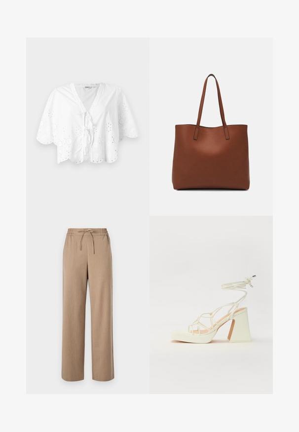 Balta bluzelė su V formos dekolte, trumpomis rankovėmis ir banguota apačia. Aplink kraštus yra akių siuvinėjimo detalės, o priekyje yra užrišamas užsegimas.; Smėlio spalvos plačios kelnės, pagamintos iš tekstūruoto audinio, su elastinga juosmens juosta ir raištelio detale, su subtiliomis vertikaliomis juostelėmis.; Balti aukštakulniai sandalai su masyviu kulnu, su dirželių dizainu ir kulkšnies raiščiu. Lygi tekstūra su platforma priekyje, suteikianti papildomą aukštį.; Ruda odinė priekabų krepšys su glotnia tekstūra, atviru viršumi ir dviem petnešomis. Su minimalia siuvimo detalėmis ir nematoma aparatūra.