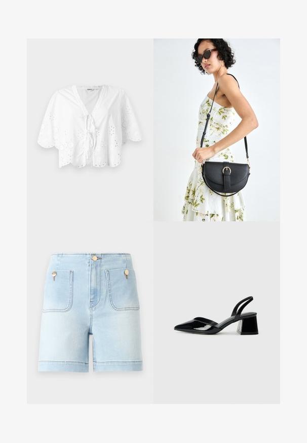 Balta bluzelė su V formos dekolte, trumpomis rankovėmis ir banguota apačia. Aplink kraštus yra akių siuvinėjimo detalės, o priekyje yra užrišamas užsegimas.; Šviesiai mėlynos džinsinės šortai su aukštu liemeniu, turintys dvi priekinės kišenes, auksinius dekoratyvinius elementus ir tvarkingą apdailą.; Juodos lakuotos odinės šlepetės su smailiu pirštu ir geometriniu bloko kulnu. Turi elegantišką, minimalistinį dizainą ir lygų paviršių.; Juodas odinis krepšys su išlenkta forma, nuimamu dirželiu ir auksiniais detalėmis. Krepšys turi kilpą su sagtimi.