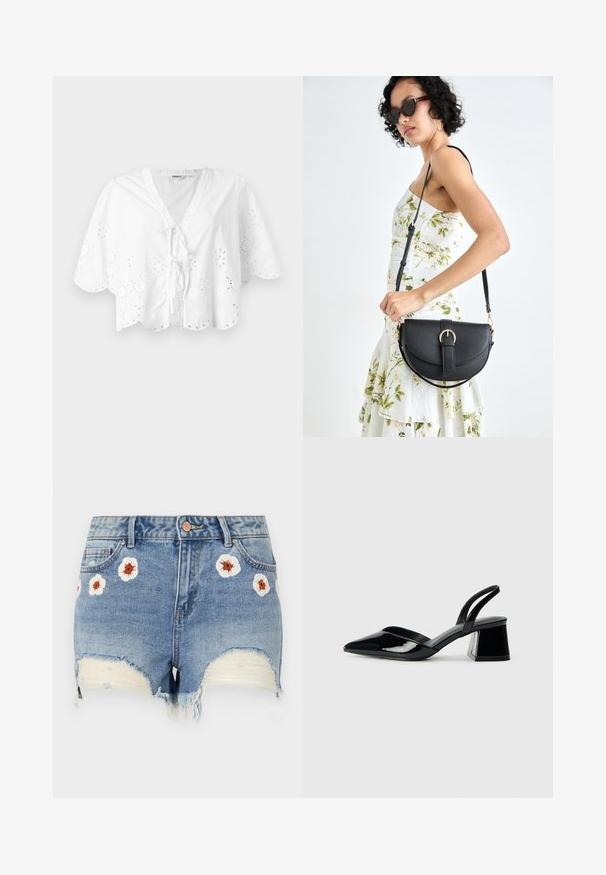 Hvit bluse med V-hals, korte ermer og bølget kant. Blonder broderi langs kantene, med knyte-lukking foran.; Denimshorts med fransete søm, lyseblå farge, med blomsterbroderi i hvitt og brunt rundt fronten. Fem-lommers design.; Svarte patentlær slingback hæler med spiss tå og geometrisk blokk hæl. Har et stilrent, minimalistisk design og jevn tekstur.; Svart lærveske med en buet form, avtagbar stropp og gullbeslag. Vesken har et klaff med spenne-detall.