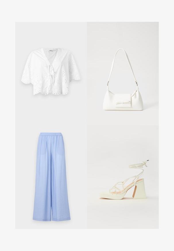 White blouse featuring a V-neck, short sleeves, and scalloped hem. Eyelet embroidery detail around the edges, with a tie closure at the front.; Light blue wide-leg pants made from textured fabric, featuring an elastic waistband and two side pockets.; White high-heeled sandal with a chunky heel, featuring a strappy design and ankle tie. Smooth texture with a platform front for added height.; White synthetic handbag with a triangular shape, flat front flap and bow detail, adjustable strap, smooth texture, and minimalistic design.