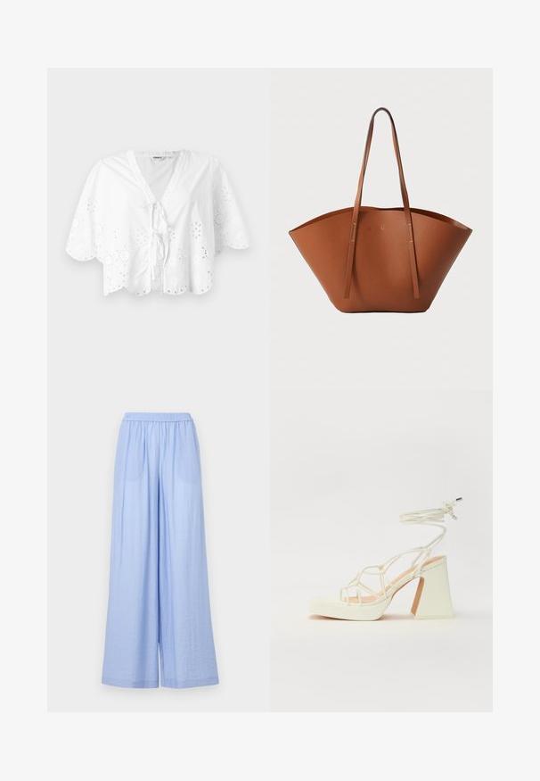 White blouse featuring a V-neck, short sleeves, and scalloped hem. Eyelet embroidery detail around the edges, with a tie closure at the front.; Light blue wide-leg pants made from textured fabric, featuring an elastic waistband and two side pockets.; White high-heeled sandal with a chunky heel, featuring a strappy design and ankle tie. Smooth texture with a platform front for added height.; Brown leather tote bag with a wide, structured shape, thin handles, and a textured finish. Features minimalistic design with no visible hardware.